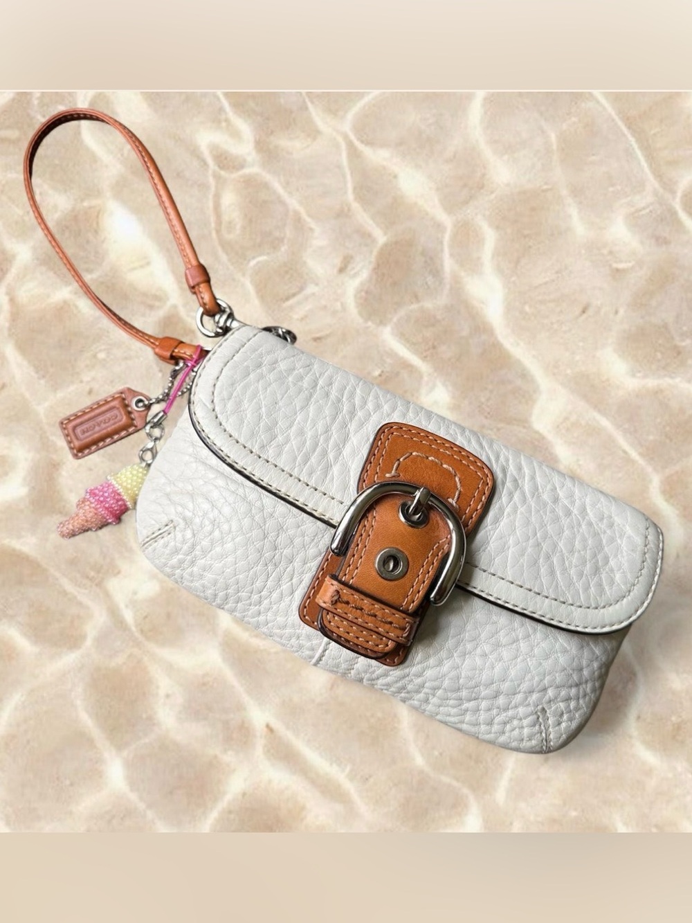 Coach Soho White Pebbled Leather Wristlet Wallet with Tan Buckle Accent